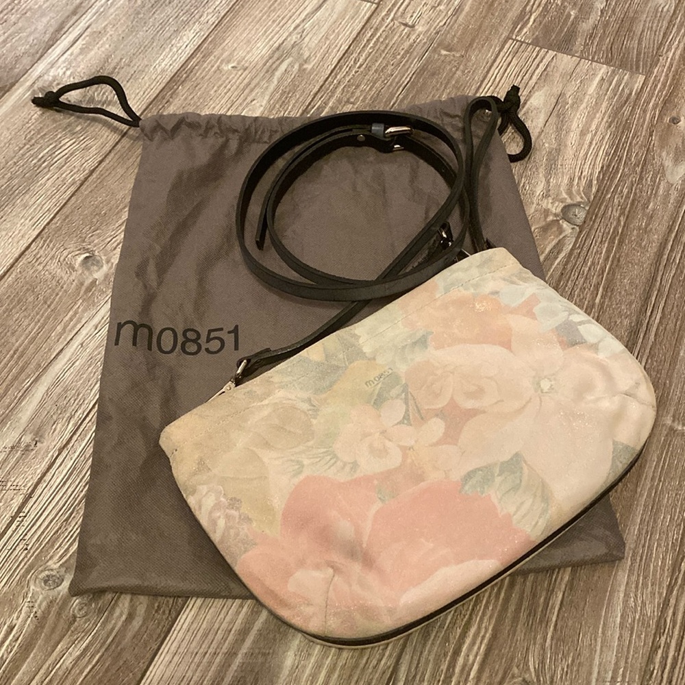 M0851 floral leather suede wristlet crossbody bag new with dust bag